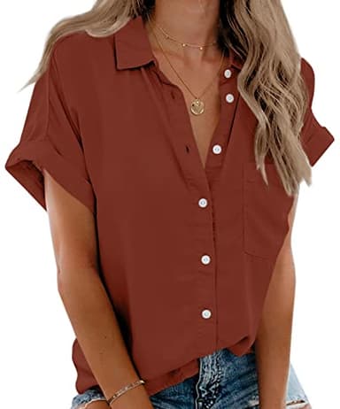 Beautife Womens Short Sleeve Shirts V Neck Collared Button Down Shirt Tops with Pockets (Medium, Brick red) - Image 1