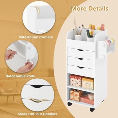Nightcore Rolling Storage Drawer Cart, Mobile Chest of Drawers, 3 Shelves, 3 Slots, 2 Rolling Rods, Organizer Cabinet w/Lockable Casters, Wide Storage Space for Home Office, Living Room, Study (White) - Image 8