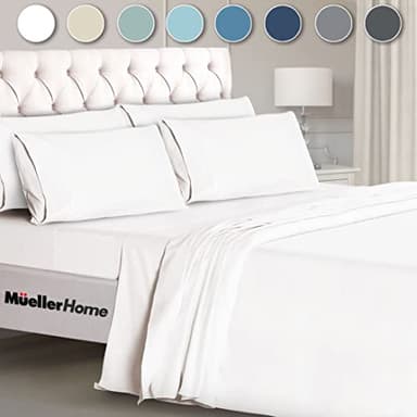 Mueller Ultratemp Bed Sheets Set, Super Soft 1800, 6 Piece California King Sheet Sets, Deep Pocket up to 16", Transfers Heat, Breathes Better, Hypoallergenic, Wrinkle-Resistant, Oeko-TEX, White - Image 1