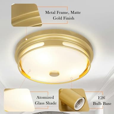 Rosient Close to Ceiling Light Fixture, 16 Inch Large Flush Mount Ceiling Light with Frosted Glass Shade, 3-Light Modern Country Gold White Ceiling Lamp for Kitchen Bathroom Hallway Entryway Foyer - Image 3