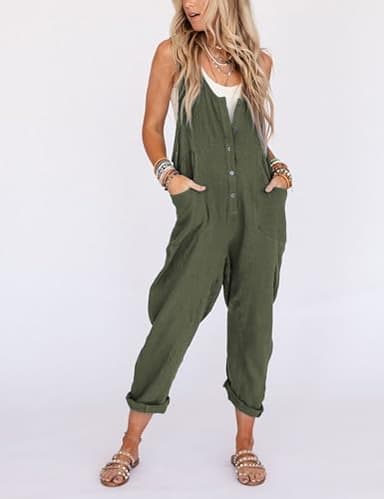 Yeokou Womens Overalls Linen Cotton Jumpsuits Loose Casual Jumpers with Pockets(ArmyGreen-M) - Image 3