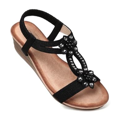 SHIBEVER Womens Wedge Sandals Rhinestone Elastic Ankle Strap Platform Sandals Open Toe Boho Dress Shoes Dressy Summer Black 11 - Image 1