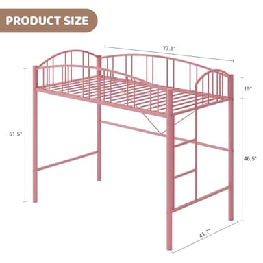 GarveeHome Loft Bed Twin Size, Heavy Duty Metal Loft Bed Frame with Arched Guardrail and Safety Ladder, Space-Saving, No Box Spring Needed, Pink - Image 2