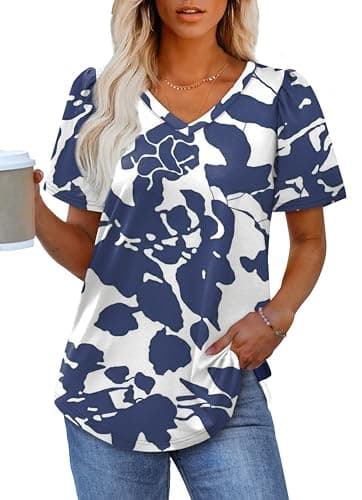 OFEEFAN Womens Tops Summer Tops for Women 2025 Puff Sleeve Beach Vacation Outfits Plain Tee Blouses Casual Dressy Tshirts Shirts Floral M - Image 2