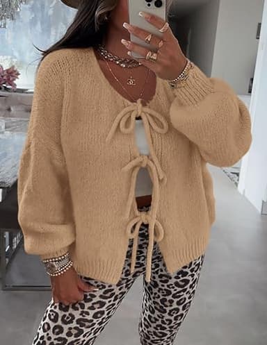 PRETTYGARDEN Women's Tie Front Bow Cardigan Sweaters Chunky Knit Long Puff Sleeve Trendy Fall Winter Jacket Coats (Camel,Medium) - Image 7