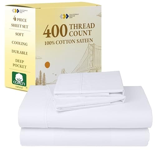 California Design Den Full Size Bed Sheets Set - Soft 400 Thread Count Sateen, Natural 100% Cotton Sheets Full Size Bed Set, Deep Pockets for a Snug Fit, Durable Bedding - White - Image 1