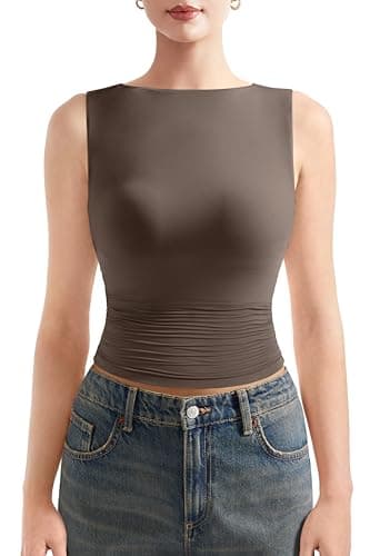 SUUKSESS Women Double Lined Sleeveless Going Out Basic Tank Tops Ruched Summer Casual T Shirts (Brown,Medium) - Image 1