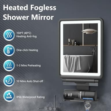 Heated Shower Mirror Fogless for Shaving, 3 Colors Stepless Dimmable Lights Fogless Mirror for Shower, Rechargeable Anti Fog Shaving Mirror for Shower with Razor Holder for Men, Light Memory Function - Image 2