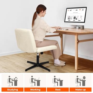 NEO CHAIR Criss Cross Chair No Wheels Armless Cross Legged Office Desk Wide Comfy Vanity Makeup Chair Adjustable Computer Task for Home Office Fabric (Beige) - Image 5