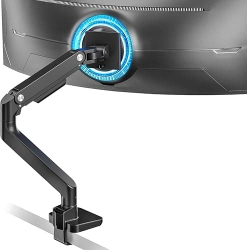 ARES WING Ultrawide Monitor Arm for 17 to 49 Inch Heavy Duty Curved Screen, Holds 44 Lbs, Adjustable Gas Spring Monitor Arm Desk Mount with C Clamp, Grommet Base, 75/100 Vesa Mount, Black - Image 1