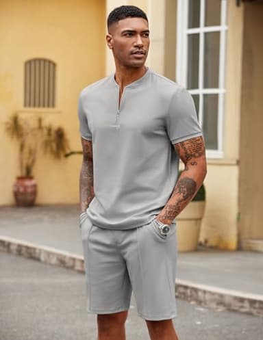 COOFANDY Men's 2 Pieces Outfits Casual Quarter Zip Polo T Shirt and Shorts Set Athletic Jogging Summer Tracksuit - Image 2