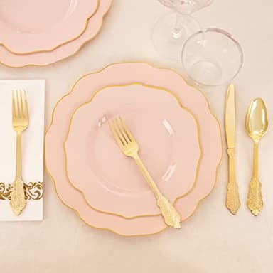 NOCCUR 175PCS Pink Plates with Gold Disposable Silverware - Include 50 Pink Plastic Plates,25 Knives,25 Forks,25 Spoons,25 Cups and 25 Napkins - Ideal for Wedding/Party - Image 2
