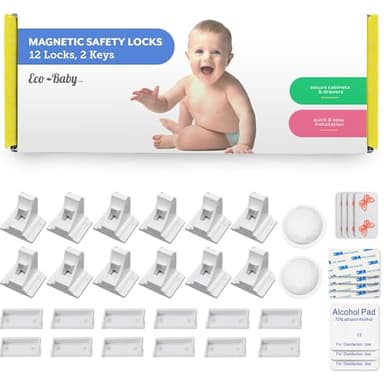Eco Baby Magnetic Cabinet Locks for Babies - Magnetic Baby Proofing Cabinet Locks, Child Locks for Cabinets Drawers Doors for Back to School - Easy Installation No Tools Required (12 Pack and 2 Keys) - Image 1