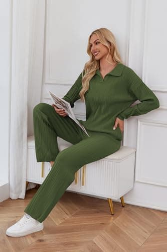 Cakulo Womens 2024 Lounge Sets 2 Piece Outfits Knit Sweater Matching Set Ribbed Wide Leg Loungewear Sweatsuits Army Green S - Image 6