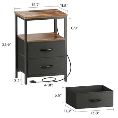 Huuger Nightstand with Charging Station, Side Table with Fabric Drawers, End Table with Open Shelf, Bedside Table with USB Ports and Outlets, Night Stand for Bedroom, Rustic Brown and Black - Image 2
