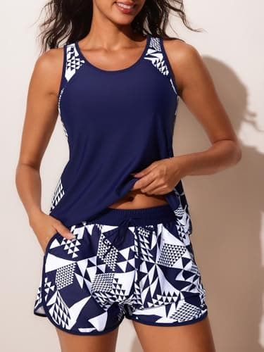 Summer Mae Blouson Tankini Swimsuits for Women 2025 Tummy Control Two Piece Bathing Suits with Sporty Pockets Swim Shorts Cube Size 14 - Image 6