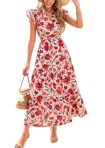 PRETTYGARDEN Women's 2025 Summer Floral Midi Dress Cap Sleeve V Neck Ruffle Long Flowy Boho Casual Beach Vacation Dresses (Floral Orange Pink Red,XX-Large) - Image 1