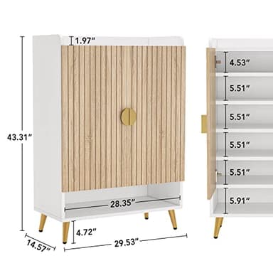 Tribesigns Shoe Cabinet with Doors, 7-Tier Shoe Storage Cabinet with Adjustable Shelves, Wooden Shoes Rack Shoe Storage Organizer for Entryway, Hallway, Closet, Living Room, Wood and Gold - Image 2