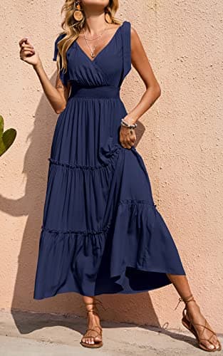 PRETTYGARDEN Women's Dress Spaghetti Strap Shoulder Knot Wrap Neck Summer Dresses Ruffle Hem Smocked High Waist Sleeveless Tiered Maxi Dress (Navy,Large) - Image 2