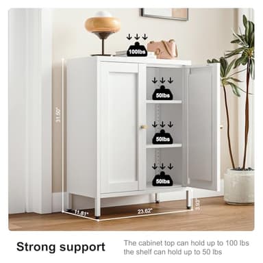 Bevivog Metal Bathroom Floor Storage Cabinet,Small Storage Sideboard with 2 Doors and 2 Adjustable Shelves,Modern Storage Freestanding Organizer Rust-Proof Locker,Living Room,Hallway,White - Image 3