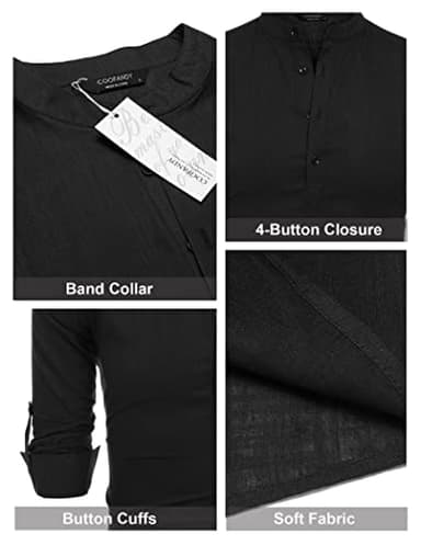 COOFANDY Men's Cotton Linen Henley T-Shirts Long Sleeve Hippie Casual Beach T-Shirts Black - Image 6