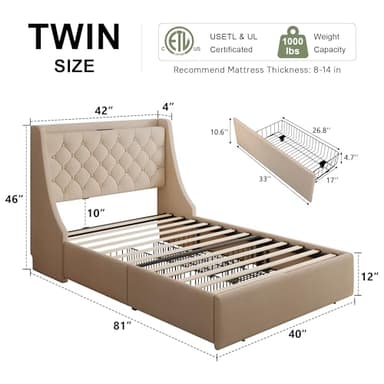 Feonase Twin Bed Frame with 4 Storage Drawers, Upholstered Wingback Headboard, Easy Assembly, No Box Spring Needed, Beige - Image 2