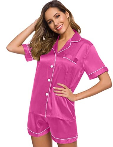 SWOMOG Womens Pajamas Set Silk Satin Sleepwear Short Sleeve Nightwear Button Down Pj Loungewear Rose Red - Image 4