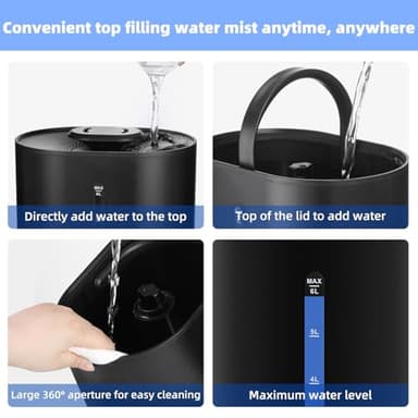 Coolfiqu 6L Humidifiers for Bedroom Large Room Home, Cool and Warm Humidifier for Plants Mist Top Fill Desk Humidifier Essential Oil Diffuser, Quiet Humidifiers with Adjustable Mist,360°Nozzle-Black - Image 6