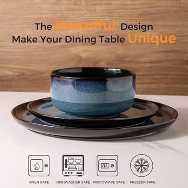 LERATIO Ceramic Dinnerware Sets for 8,Stoneware Plates and Bowls Sets,Reactive Glaze Dishes Set,Highly Chip and Crack Resistant | Dishwasher & Microwave & Oven Safe Dishes set,Service for 8-Blue(24pc) - Image 2
