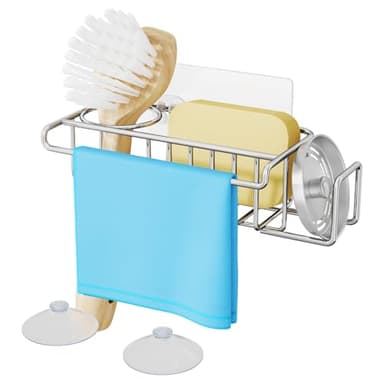 HapiRm 4 in 1 Sink Caddy Sponge Holder, SUS304 Stainless Steel Kitchen Brush Holder + Dish Cloth Hanger + Soap Rack + Sink Stopper Rack + Sponge Caddy for Kitchen - Silver - Image 1