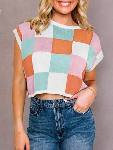 Saodimallsu Womens Cap Sleeve Crop Tops Summer Color Block Going Out Crew Neck Knit Trendy Casual Sweater A-Pink - Image 5