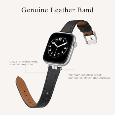 STIROLL Thin Leather Band Compatible with Apple Watch Bands 41mm 40mm 38mm 42mm(Series 11 10) Women, Stylish Top-Grain Leather Strap Slim Wristband for iWatch SE3/2/1 Series 9 8 7 6 5 4 3 2 1, Black/Silver - Image 4