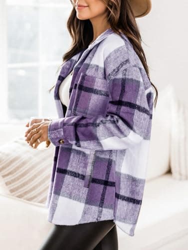 Womens Casual Plaid Brushed Flannel Button Down Pocketed Shirt Jacket Shackets Coats 6025 Purple Small - Image 2