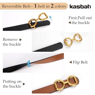 KASBAH Reversible Leather Belt for Women Two-in-One Ladies Leather Belt for Pants Jeans Dresses With Gold Buckle - Image 7