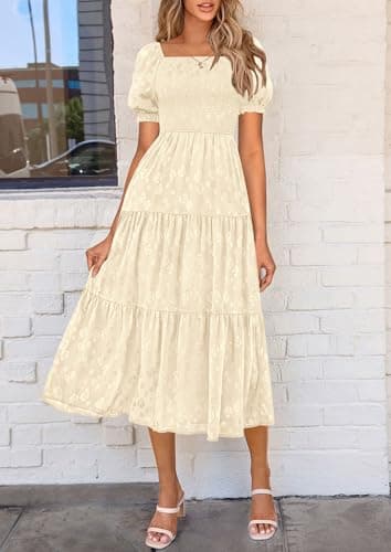 PRETTYGARDEN Women's 2025 Summer Casual Midi Dresses Square Neck Short Sleeve Smocked A Line Floral Flowy Elegant Boho Dress (Beige,X-Large) - Image 5