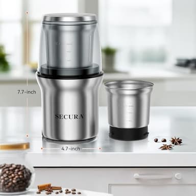 Secura Electric Coffee Grinder and Spice Grinder with 2 Stainless Steel Blades Removable Bowls - Image 8