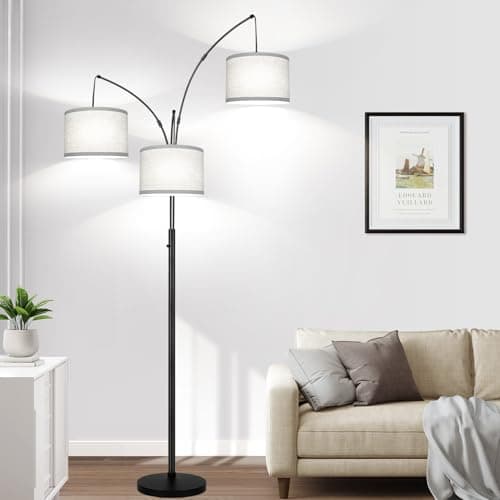 Dimmable Floor Lamp, 3 Lights Arc Floor Lamps for Living Room, Modern Tall Standing Tree Lamp with Gray Linen Shade & Heavy Base, Large Floor Lamp for Bedroom Office, 3x1000 LM LED Bulbs Included - Image 1