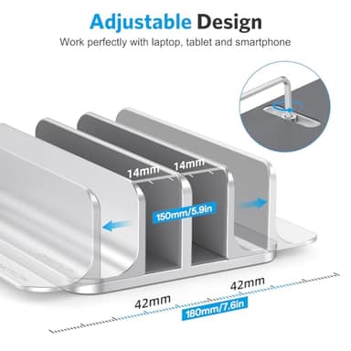 OMOTON Vertical Laptop Stand [Updated Double Version], Desktop Aluminum Mac Book Stand with Adjustable Dock Size, Fits All Mac Book, Surface, Chrome Book and Gaming Laptops (Up to 17.3 inch) (Silver) - Image 4