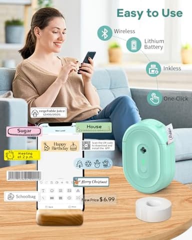 NDYIN Label Maker Machine with Tape, N12 Portable Bluetooth Label Printer, Wireless Mini Label Makers Thermal Sticker with Multiple Templates for Home, Kitchen, School, Office Organization, Green - Image 3