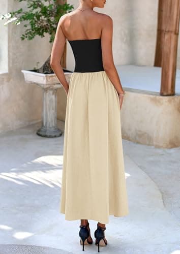 PRETTYGARDEN Women's 2025 Spring Strapless Maxi Dresses Patchwork Long Flowy Pockets Elegant Going Out Summer Tube Top Dress (Apricot,Small) - Image 2