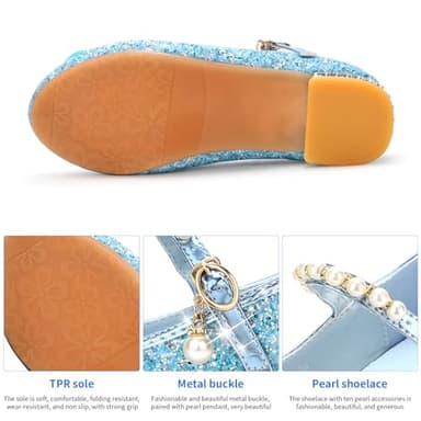 Qimaoo Girls Dress Shoes Mary Jane Princess Shoes Girls' Flats Glitter Low Heels Flower Wedding Party Footwear - 13 Little Kid (738 Blue) - Image 3