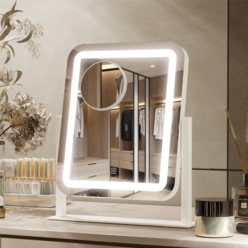 PRIMETEK Vanity Mirror with Lights, 16"x14" Large LED Lighted Makeup Mirror, Hollywood Makeup Mirror, Touch Screen, 3-Color Lighting, 5X Magnification, for Vanity Desk Tabletop, Bedroom, White - Image 1