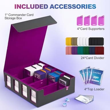 UAONO Trading Card Storage Box with Commander Display; 2400+ Deck Box for MTG with Removable Cover; Toploader Card Case fits Magic TCG PTCG Sports Cards; 24 Dividers, 4 Stoppers (Black, Purple) - Image 3