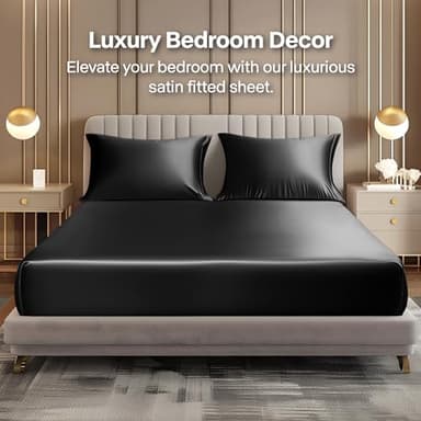 BEDELITE Satin Queen Fitted Sheet & Pillowcase Set - 3-Piece Luxury Soft Silk-Like with 1 Deep Pocket Fitted Sheet (Fits 15" Mattress) & 2 Pillowcases, Elastic Corner Straps (Black) - Image 2