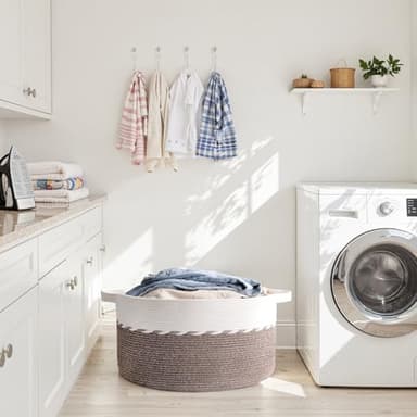 OIAHOMY 90L Blanket Basket for Living Room, Large Basket 23" x 23" x 13" with Handle, Laundry Hamper for Blankets, Pillows, Toy Storage for Kids, Dogs - Brown & White - Image 6