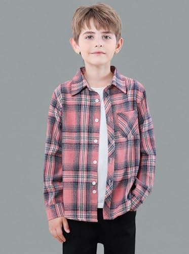 SANGTREE Boys Long Sleeves Flannel Plaid Button Down Shirt Tops Pink Plaid, 12-18 Months = Tag 80 - Image 8