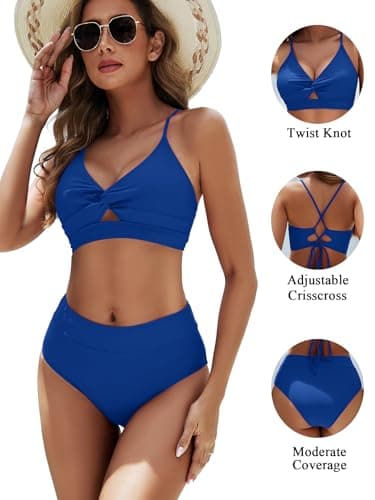 Sucrefas Women's High Waisted Bikini Set Two Piece Twist Knot Swimsuit Criss Cross Bathing Suit Cobalt XL - Image 6