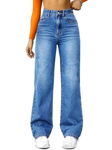 FUNUCA Straight Leg Jeans for Women,High Waisted Wide Leg Loose Microelastic Boyfriend Denim Pants Blue - Image 1