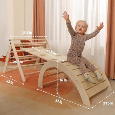 Yopnoyik Pikler Triangle Set with Cushion Large, 5 in 1 Toddler Climbing Toys Indoor, Montessori Foldable Climbing Set for Kids, Wooden Playground Jungle Gym with Ramp, Arch and Ladder (Wooden Color) - Image 2