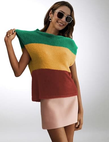 Dqbeng Womens Fuzzy Sweater Vest Sleeveless Casual Crewneck Loose Fit Color Block Pullover Tops (YellowCombo-XS) - Image 2